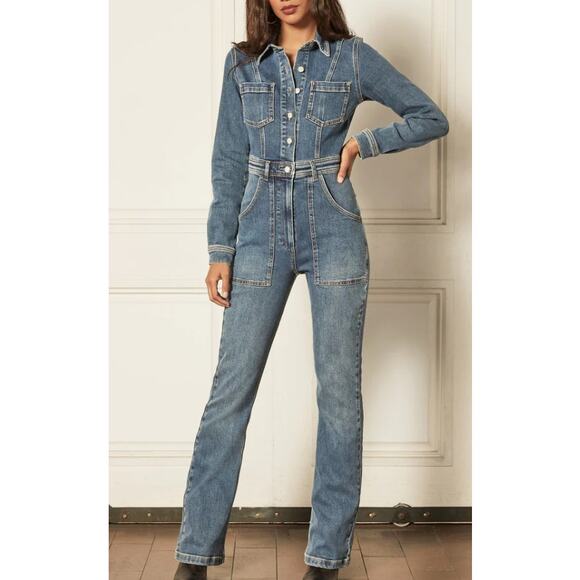 Boyish Denim Jumpsuit Roman About Time Women 12 Bootcut Medium Wash Stretch - Picture 1 of 9